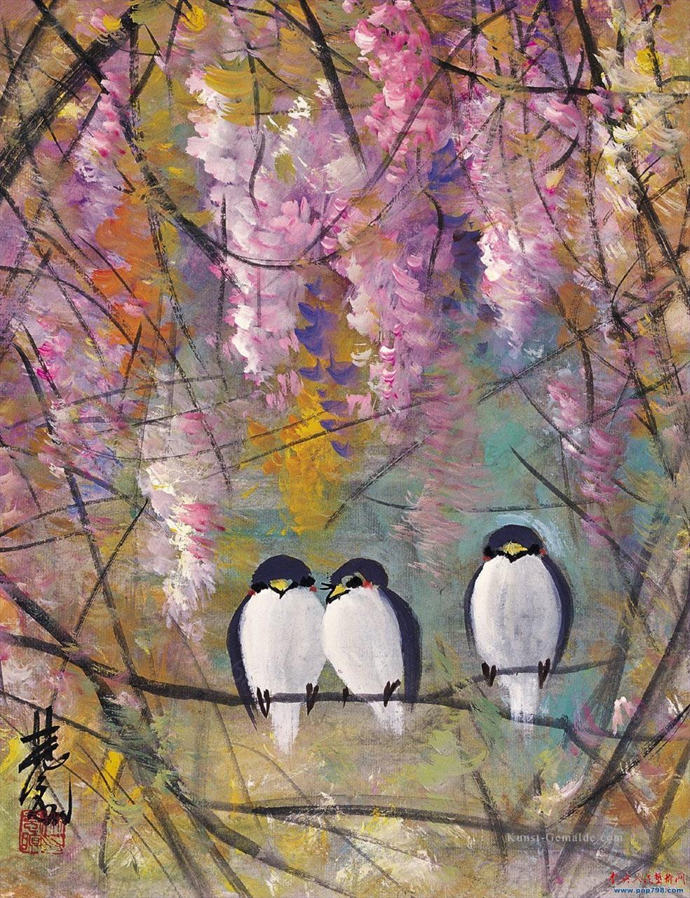 Vögel in rosa Blüten alte China Tinte Ölgemälde